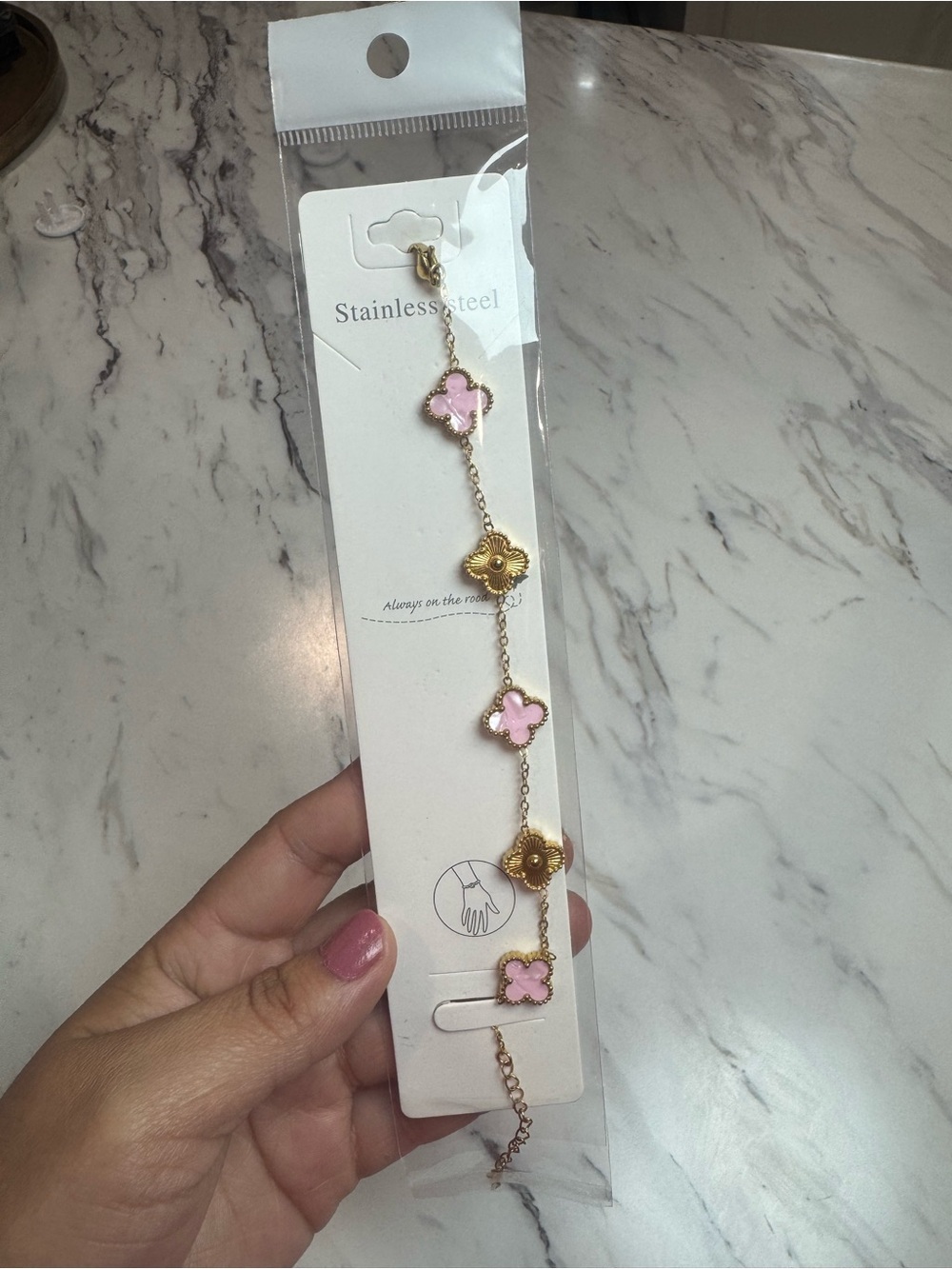 Gold-Tone Bracelet with Pink Clover Charms New